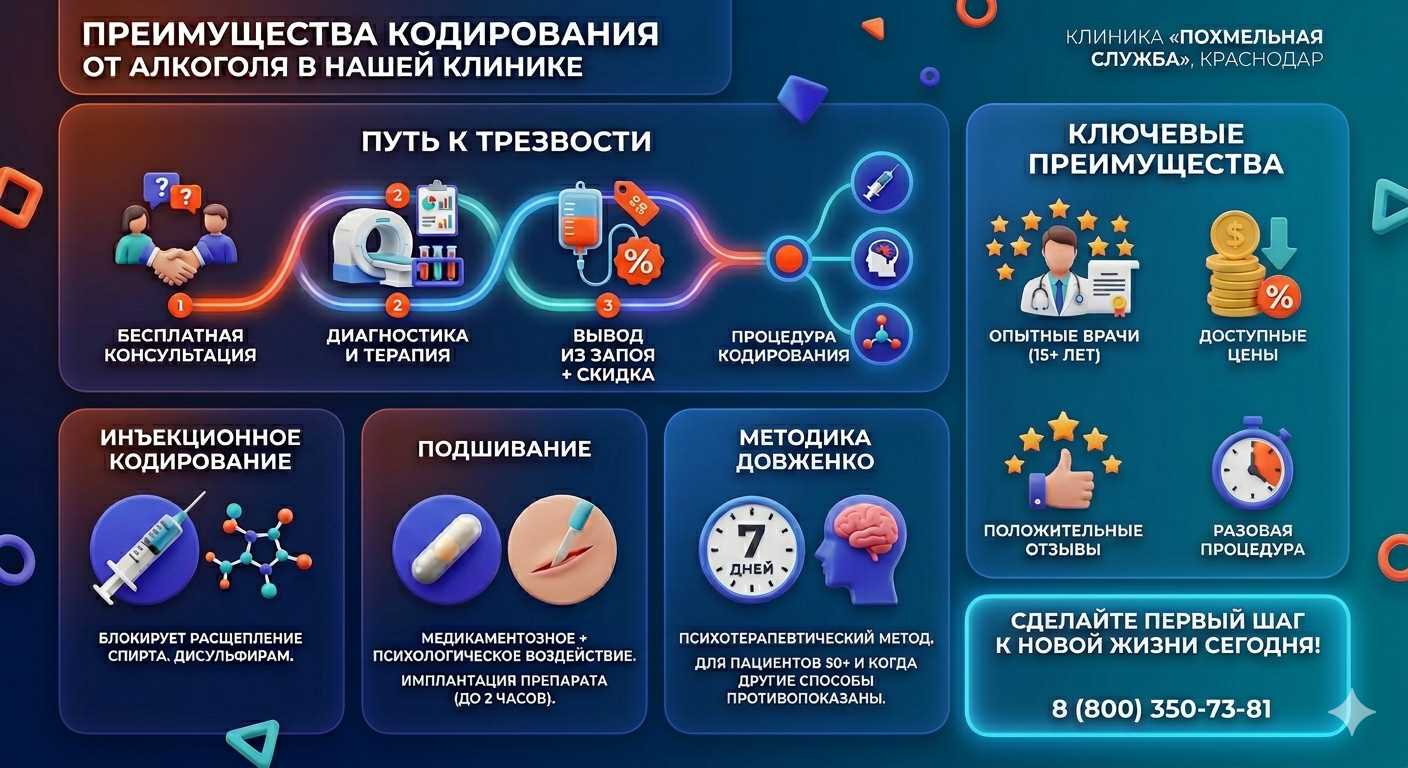 Инфографика о методах кодирования от алкоголя в Волгореченске: инъекции, подшивание, метод Довженко. Преимущества клиники и этапы лечения.